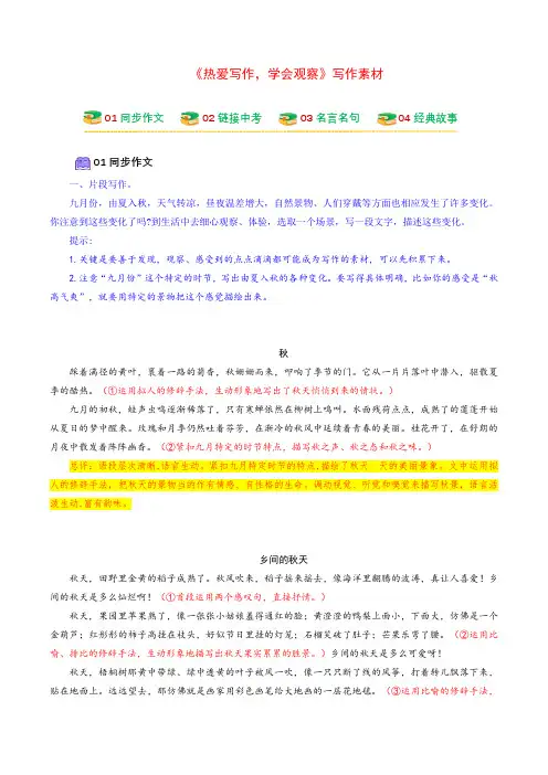 2024新版七年级上册语文 《热爱写作,学会观察》写作素材