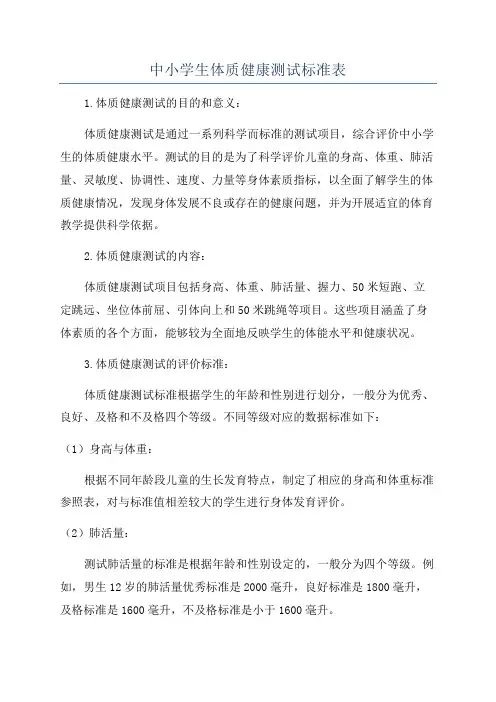 中小学生体质健康测试标准表