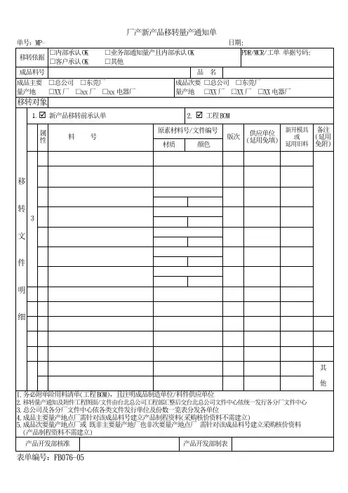 新产品移转量产通知单样板