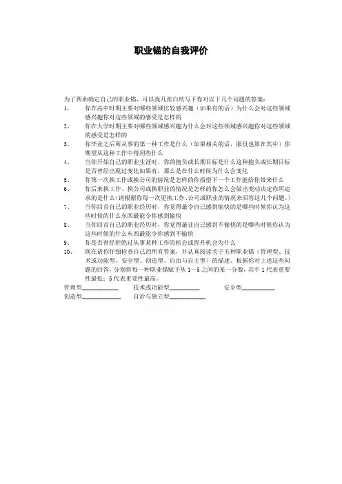 职业锚的自我评价