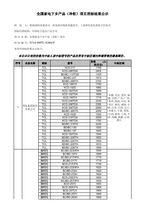 冰柜--2010年11月15日全国家电下乡产品项目中标结果公告