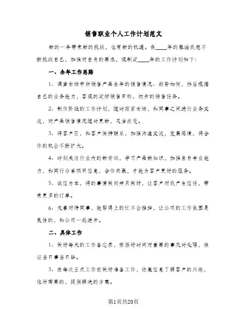 销售职业个人工作计划范文(七篇)