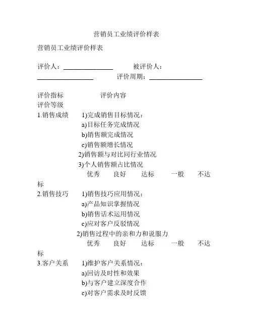 营销员工业绩评价样表