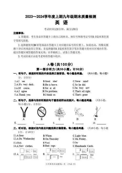 四川省成都九区2023-2024学年上学期九年级期末质量检测英语试题