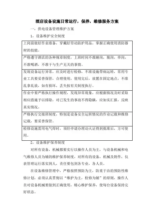 酒店设备设施日常运行、保养、维修服务方案