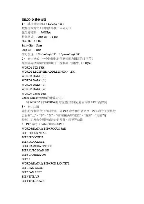 PELECO-D协议和PTZ控制