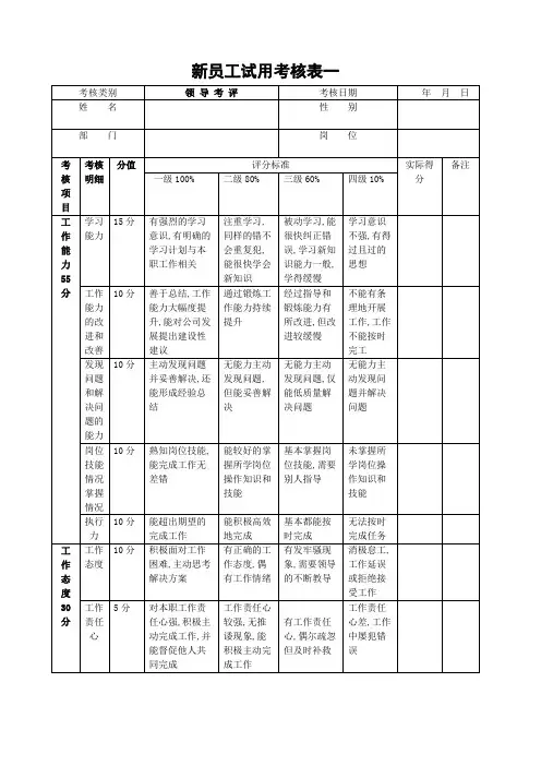 新员工试用期考核表