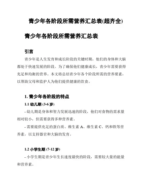 青少年各阶段所需营养汇总表(超齐全)