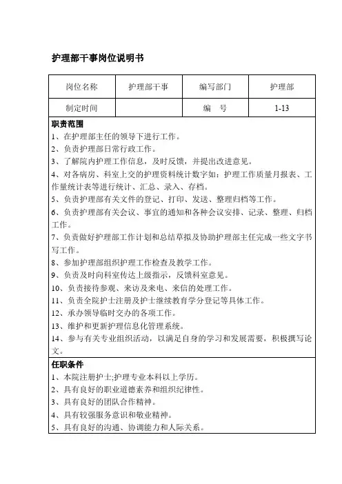 护理部干事岗位说明书