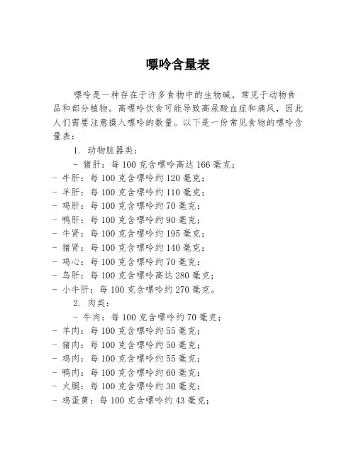 嘌呤含量表
