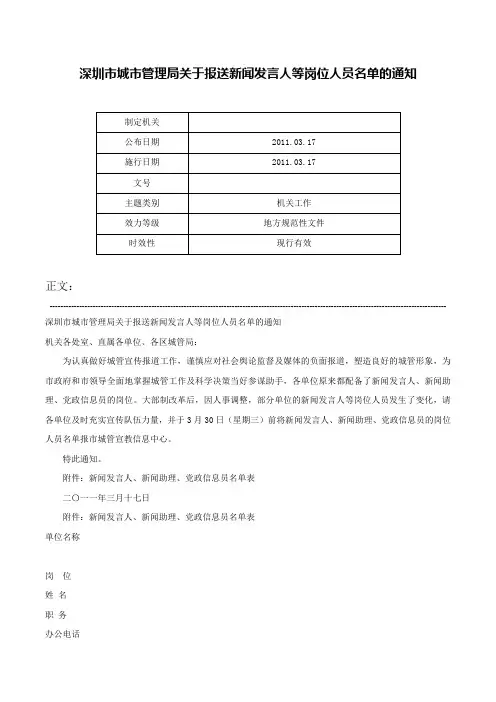 深圳市城市管理局关于报送新闻发言人等岗位人员名单的通知-