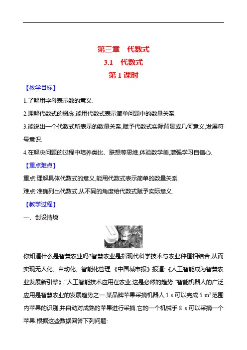 3.1 代数式  第1课时 教案  数学人教版七年级上册(2024年)新版教材