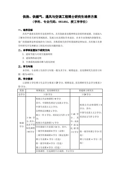 供热、供燃气、通风与空调工程博士研究生培养方案