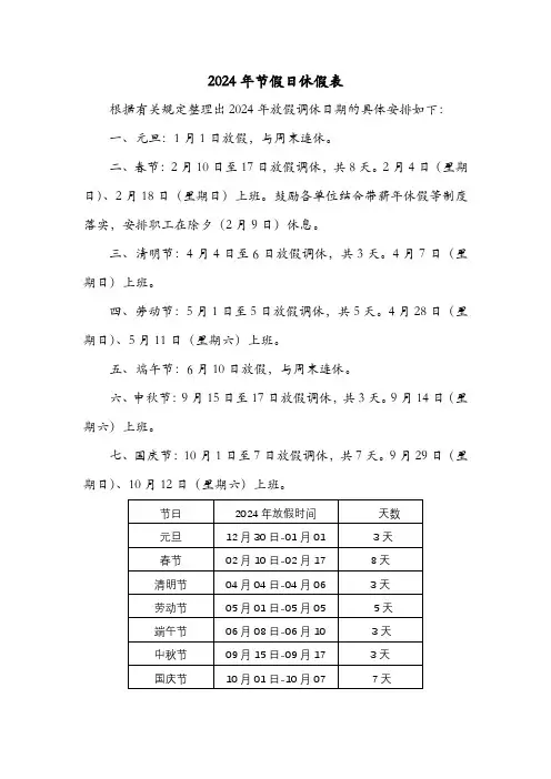 2024年节假日休假表