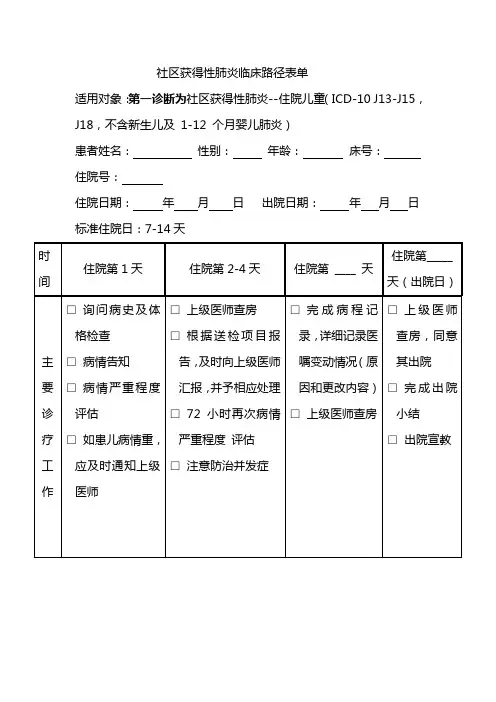 社区获得性肺炎临床路径表单(新版)