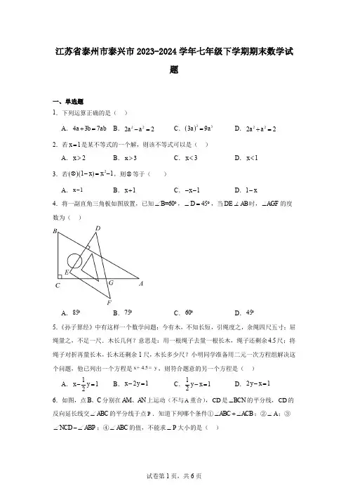 江苏省泰州市泰兴市2023-2024学年七年级下学期期末数学试题