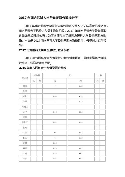 2017年南方医科大学各省录取分数线参考