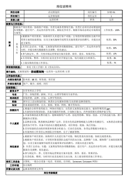 影视广告活动策划岗岗位说明书