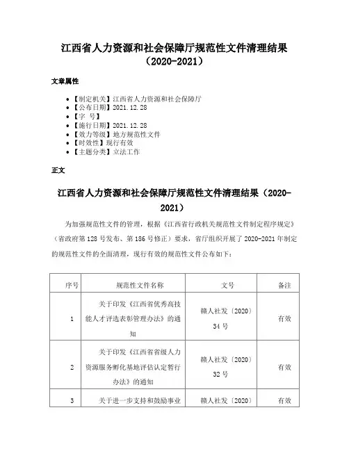 江西省人力资源和社会保障厅规范性文件清理结果（2020-2021）