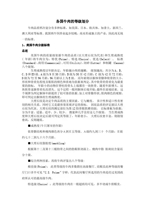 各国牛肉的等级标准划分