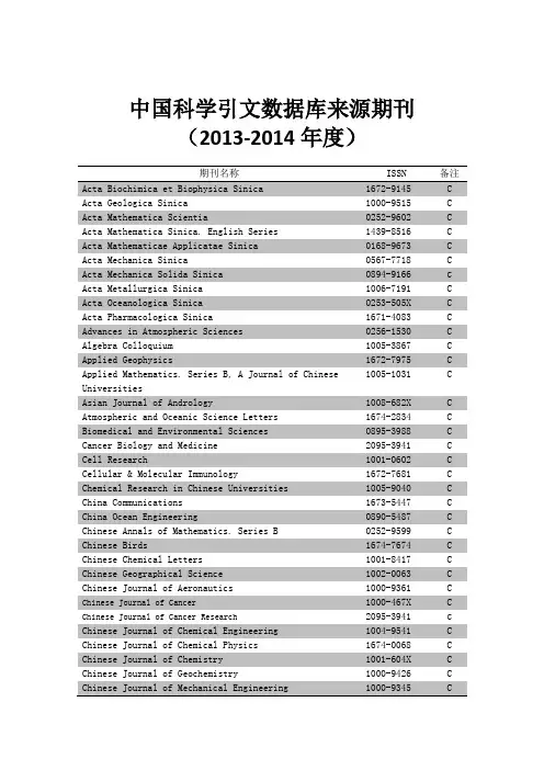 CSCD中文核心期刊目录2013-2014