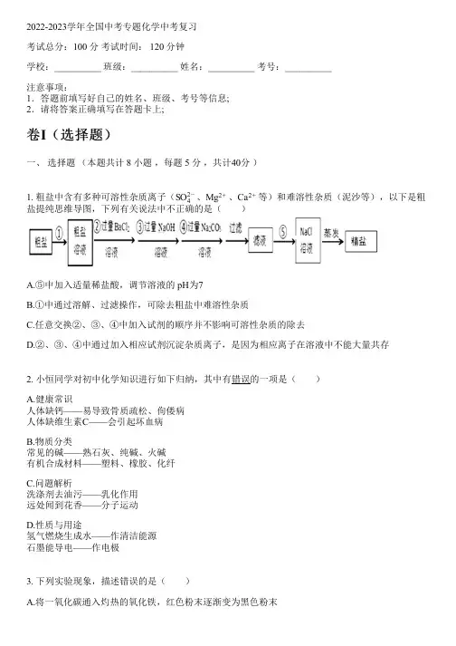 2022-2023学年全国初中中考专题化学人教版中考复习(含解析)