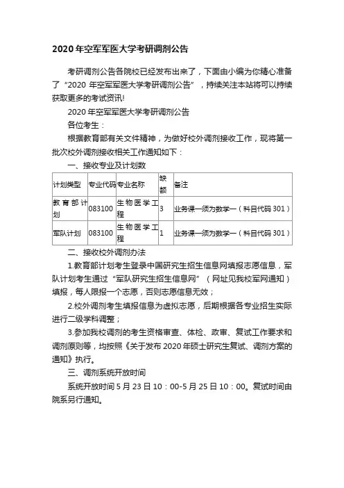 2020年空军军医大学考研调剂公告