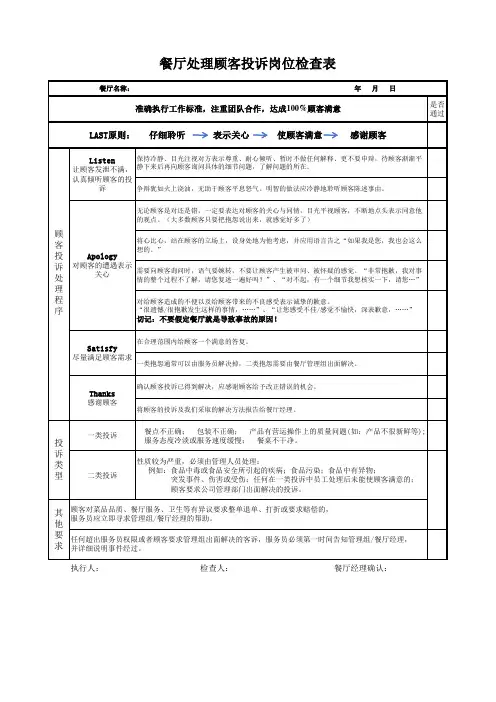 餐厅处理顾客投诉岗位检查表