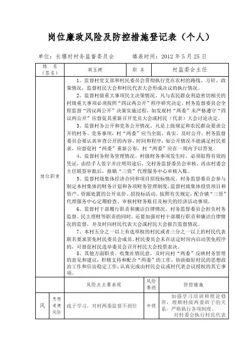村监委会主任 岗位廉政风险及防控措施登记表
