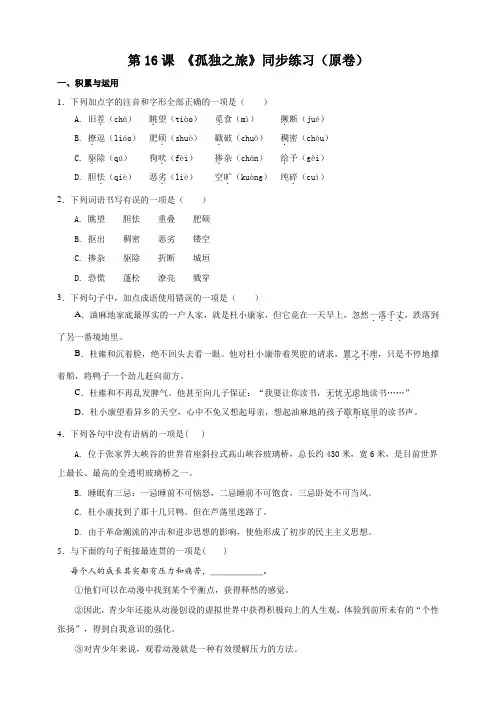 部编版语文九年级上册16课《孤独之旅》同步练习试题(附解析卷)