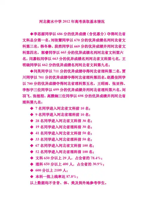 河北衡水中学2012年高考录取基本情况