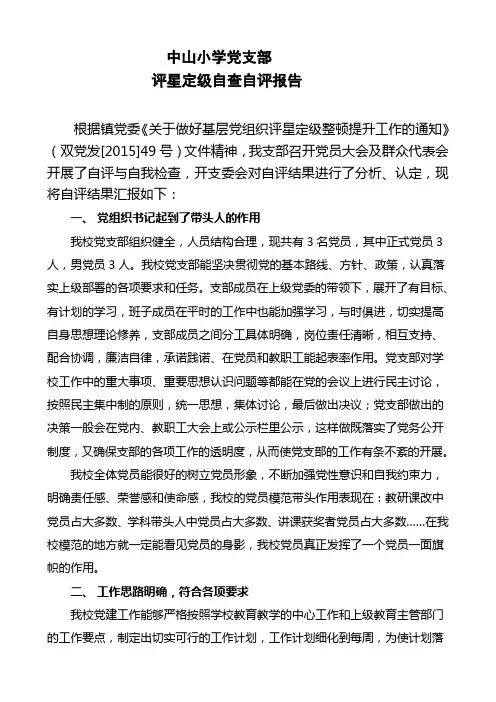 中山小学党支部评星定级自查自评报告
