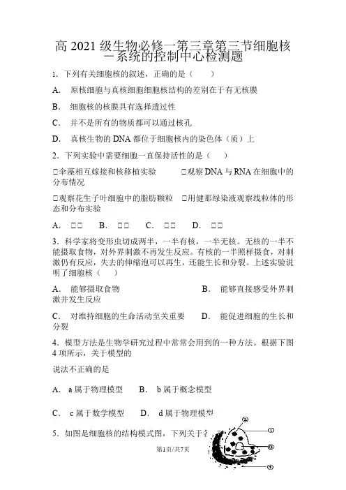 高中生物必修一第三章第三节细胞核-系统的控制中心检测题(word))