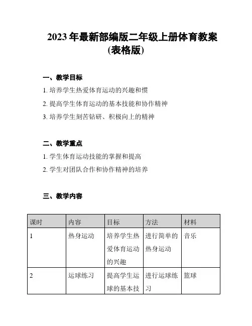 2023年最新部编版二年级上册体育教案(表格版)