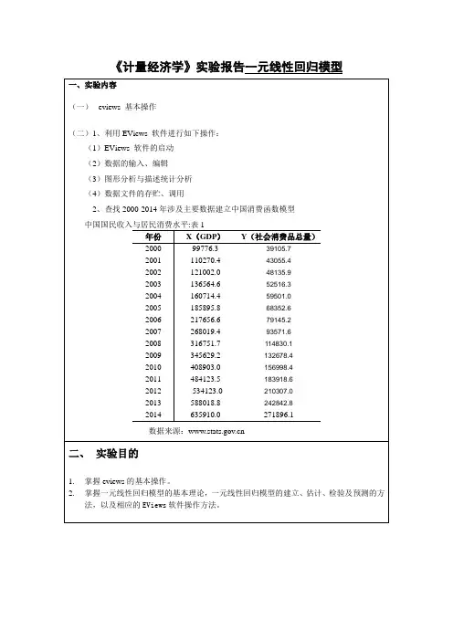 《计量经济学》eviews实验报告一元线性回归模型