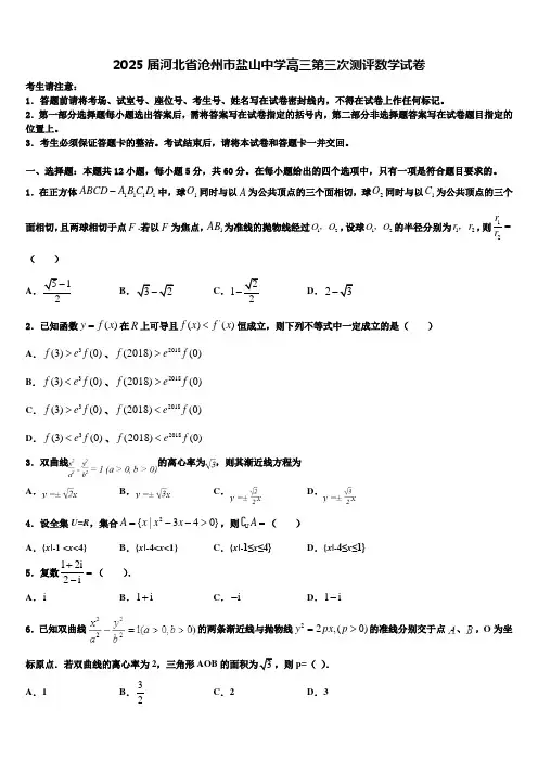 2025届河北省沧州市盐山中学高三第三次测评数学试卷含解析