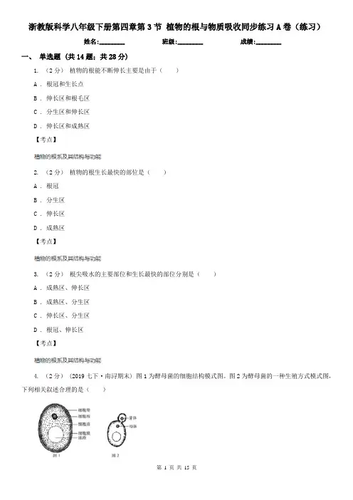 浙教版科学八年级下册第四章第3节 植物的根与物质吸收同步练习A卷(练习)