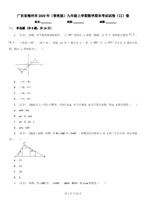 广东省梅州市2020年(春秋版)九年级上学期数学期末考试试卷(II)卷