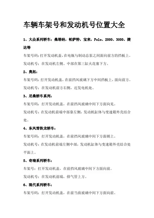 车辆车架号和发动机号位置大全