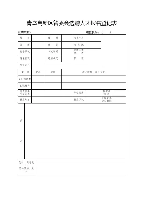 青岛高新区管委会选聘人才报名登记表【模板】
