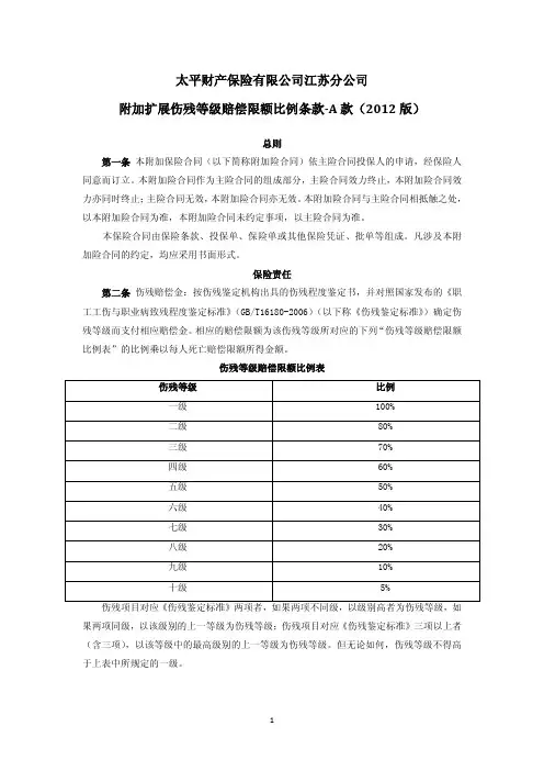 太平财产保险有限公司附加扩展伤残等级赔偿限额比例条款A-款(2012-版)