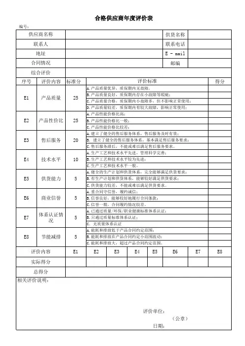 检验检测机构供应商质量年度评价表