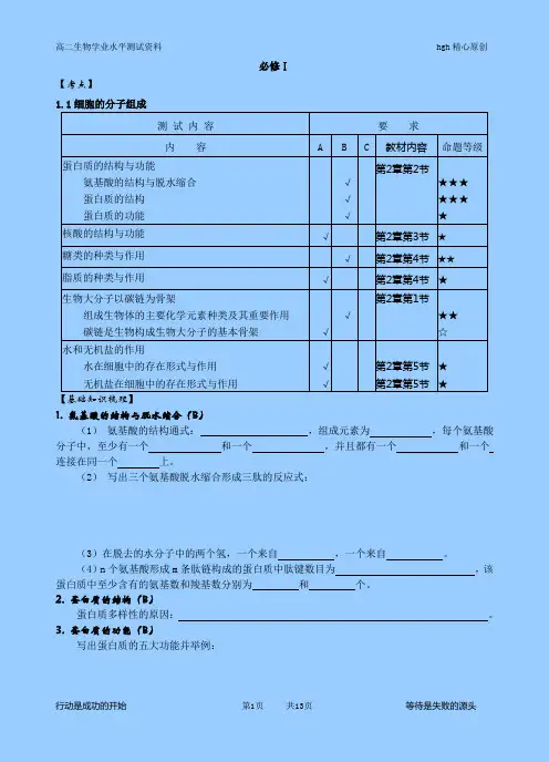 江苏高中生物学业水平测试核心概念整理【必修1合本】