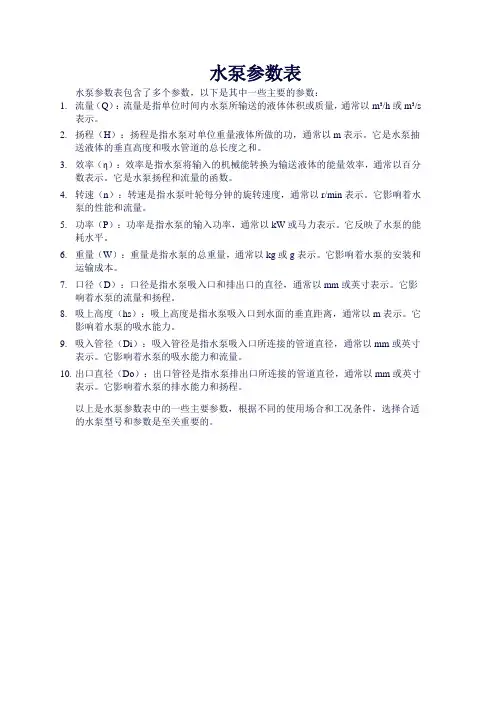 水泵参数表