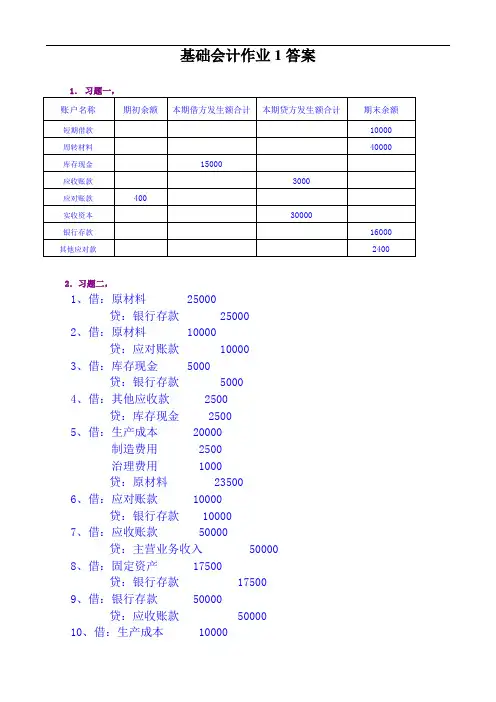 基础会计作业1答案