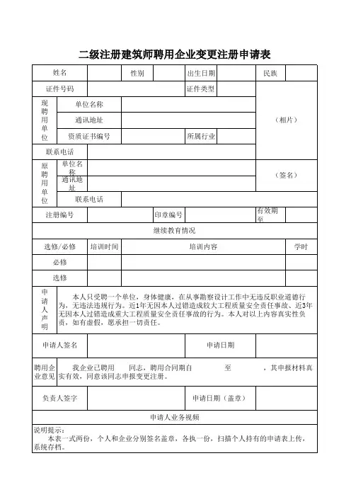 二级注册建筑师聘用企业变更申请表(模板)