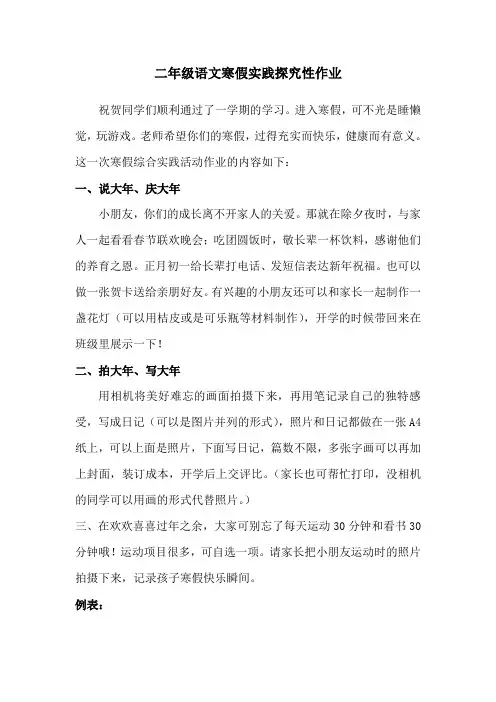 二年级寒假实践作业