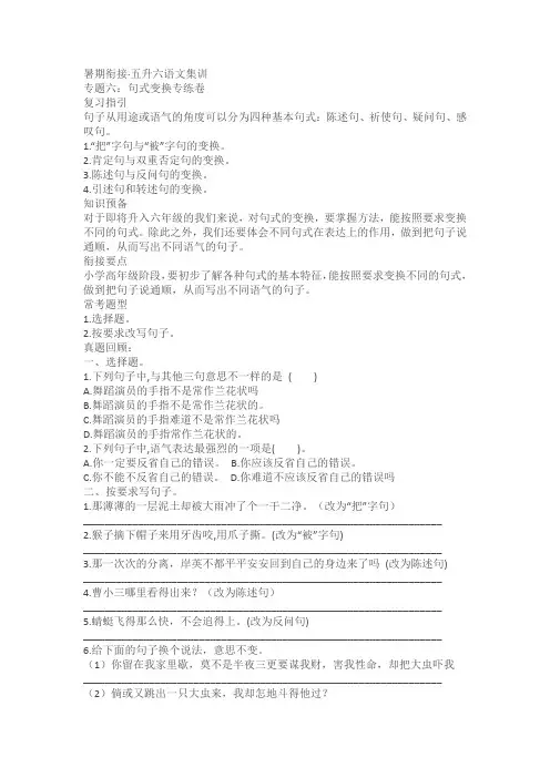 人教统编版五升六语文集训专题六：句式变换专练卷(含答案)