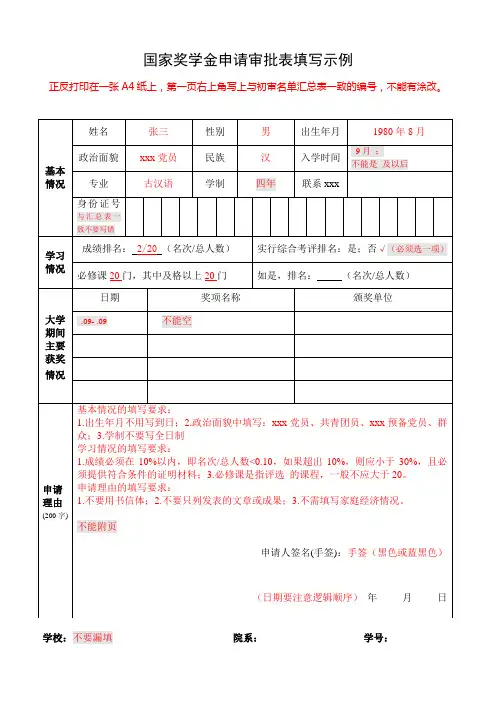 最新整理国家奖学金申请审批表填写示例.doc