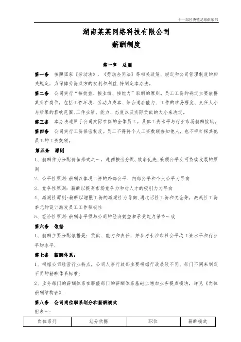岳阳市十一郎足球俱乐部网络科技公司薪酬管理办法